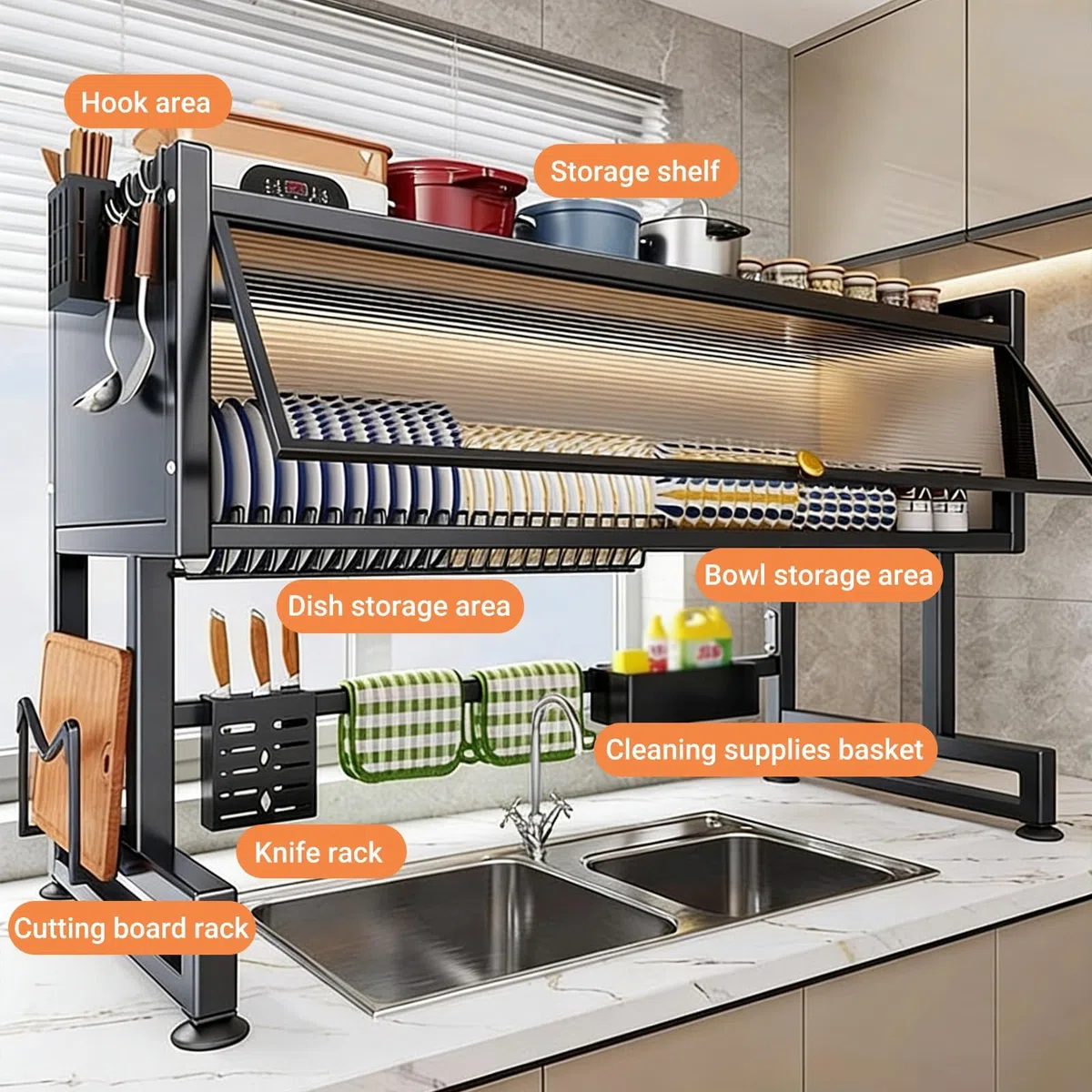 Escurridor de platos para colocar sobre el fregadero, estante grande de organización para encimera de cocina, escurridor de platos para platos, vasos, cubiertos