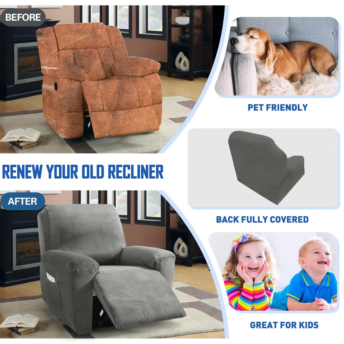 MAXIJIN Funda de Terciopelo para reclinable, 4 Piezas, Funda elástica de Felpa Suave para Silla reclinable, Gruesa y Suave, Funda separada para sillón reclinable con Bolsillo Lateral (reclinable,