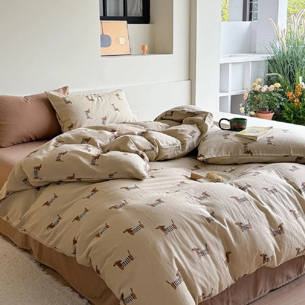 Lanqinglv Ropa y cama de 220 x 240 cm para niña, perro salchicha, marrón claro, marrón, ropa de cama infantil de microfibra, juego con certificado Öko-Tex, funda nórdica