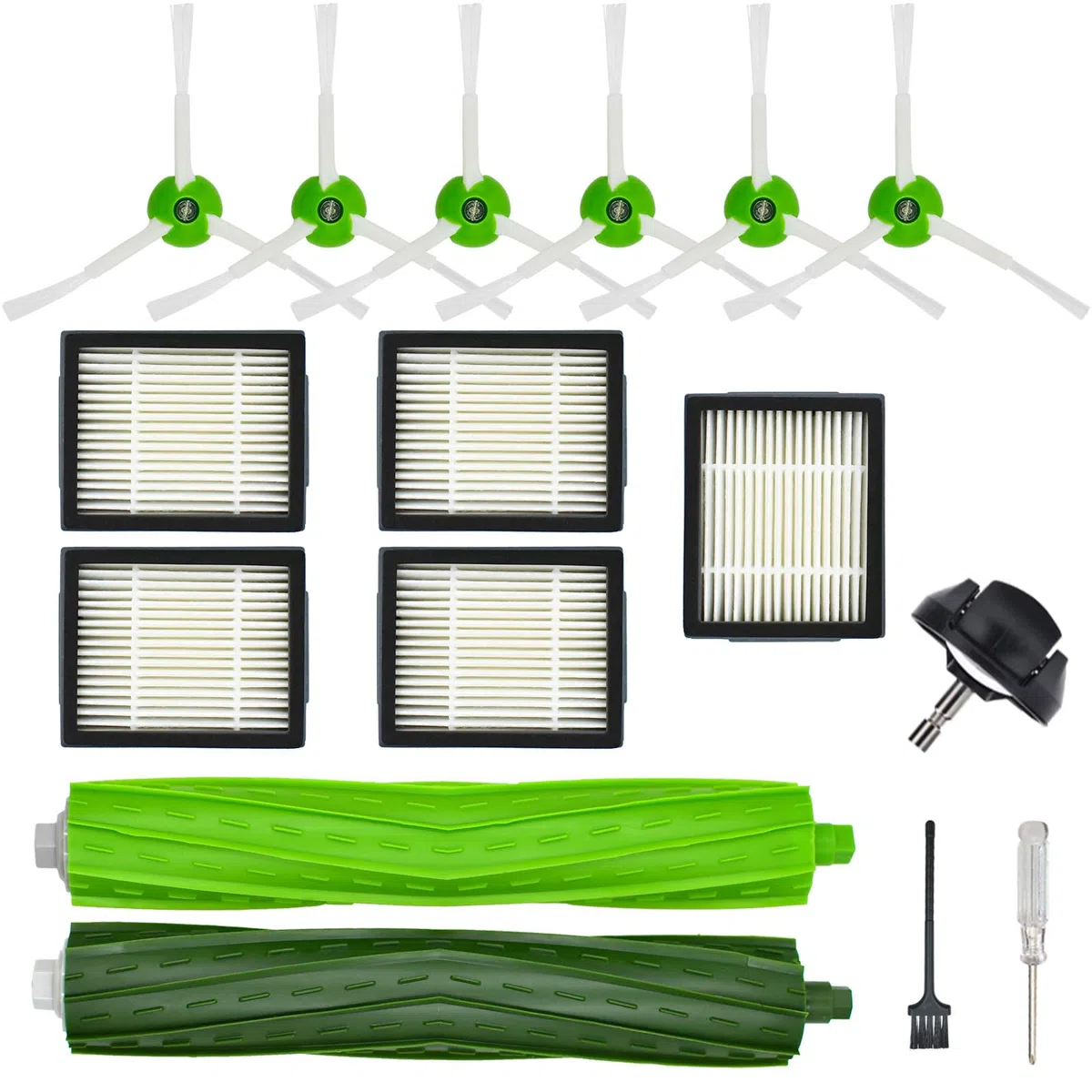 Set de piezas de repuesto para iRobot Roomba serie i/e i7 i7+ i6 i6+ i3 i3+ i8 i8+ i4 i4+ i5 i5+ i2 i2+ i1 i1+ e5 e6 – 1 cepillo de goma, 5 filtros HEPA, 6 cepillos laterales, 1 rueda delantera
