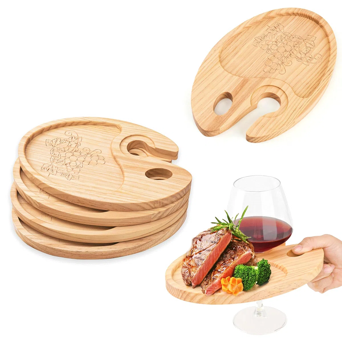 Platos para aperitivos de vino con soporte para copas de vino, mini tabla de embutidos, plato de queso de cóctel de madera, para fiestas, picnic, cumpleaños, reuniones familiares, 9 x 6, juego