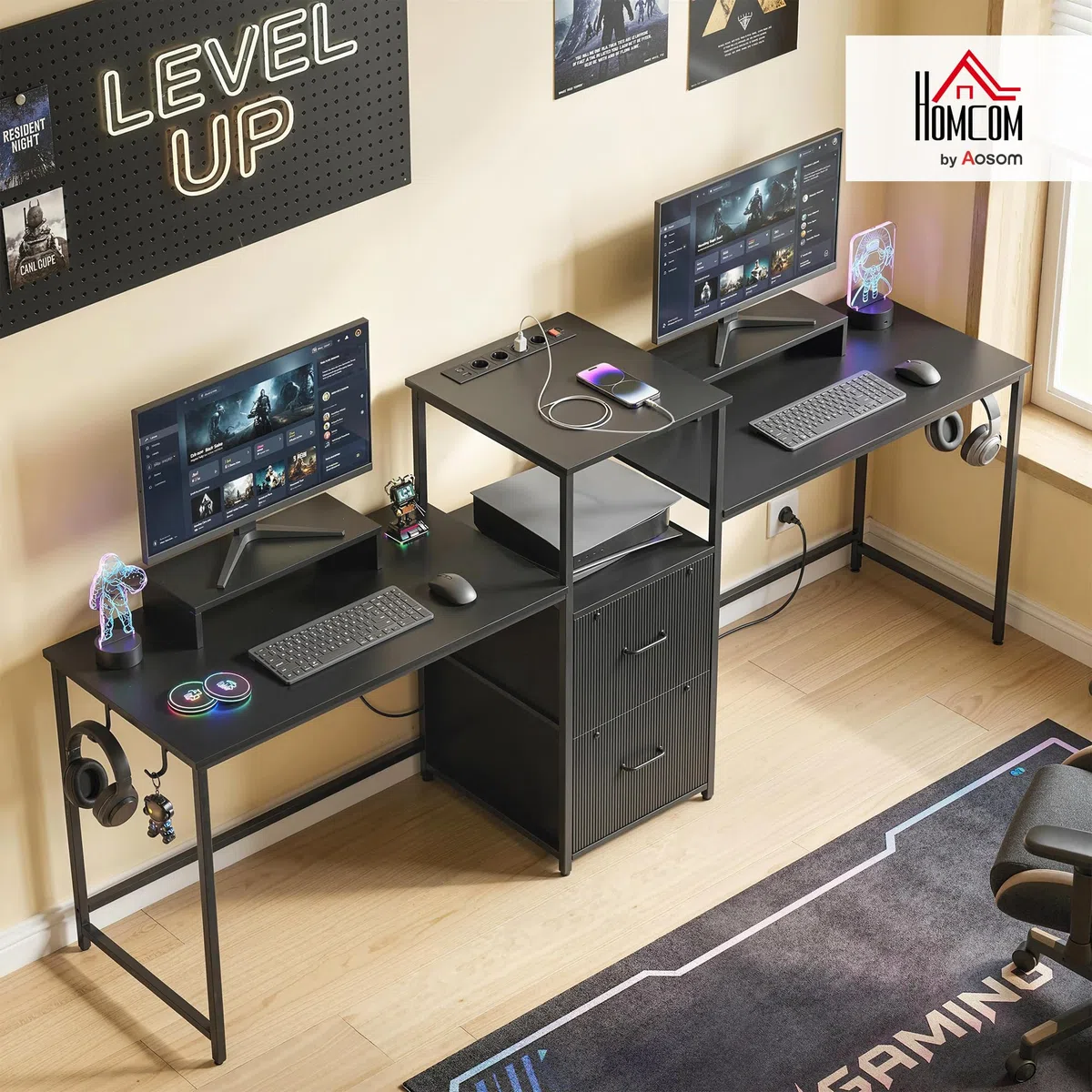 HOMCOM Mesa Gaming Doble Extralargo 244 cm con Estación de Carga Negro | Mesa Gamer, Escritorio Doble, Puertos USB, Soportes para Monitor, Cajones de Tela, Ganchos para Auriculares