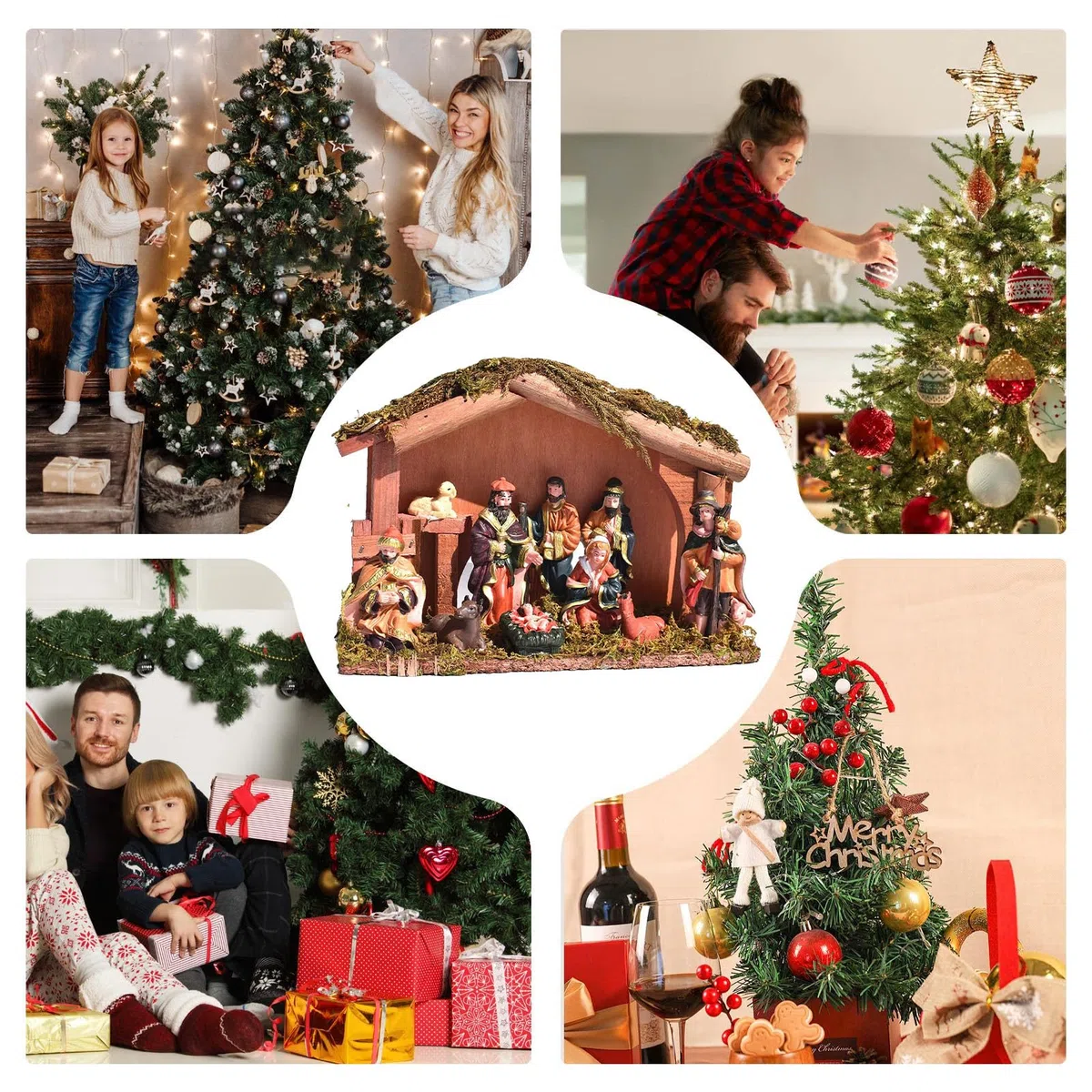 Juego de belén de Navidad - Figuras religiosas de belén de la familia sagrada como centro de atención, belén de madera | Para la mesa de interior para el hogar para la chimenea para la