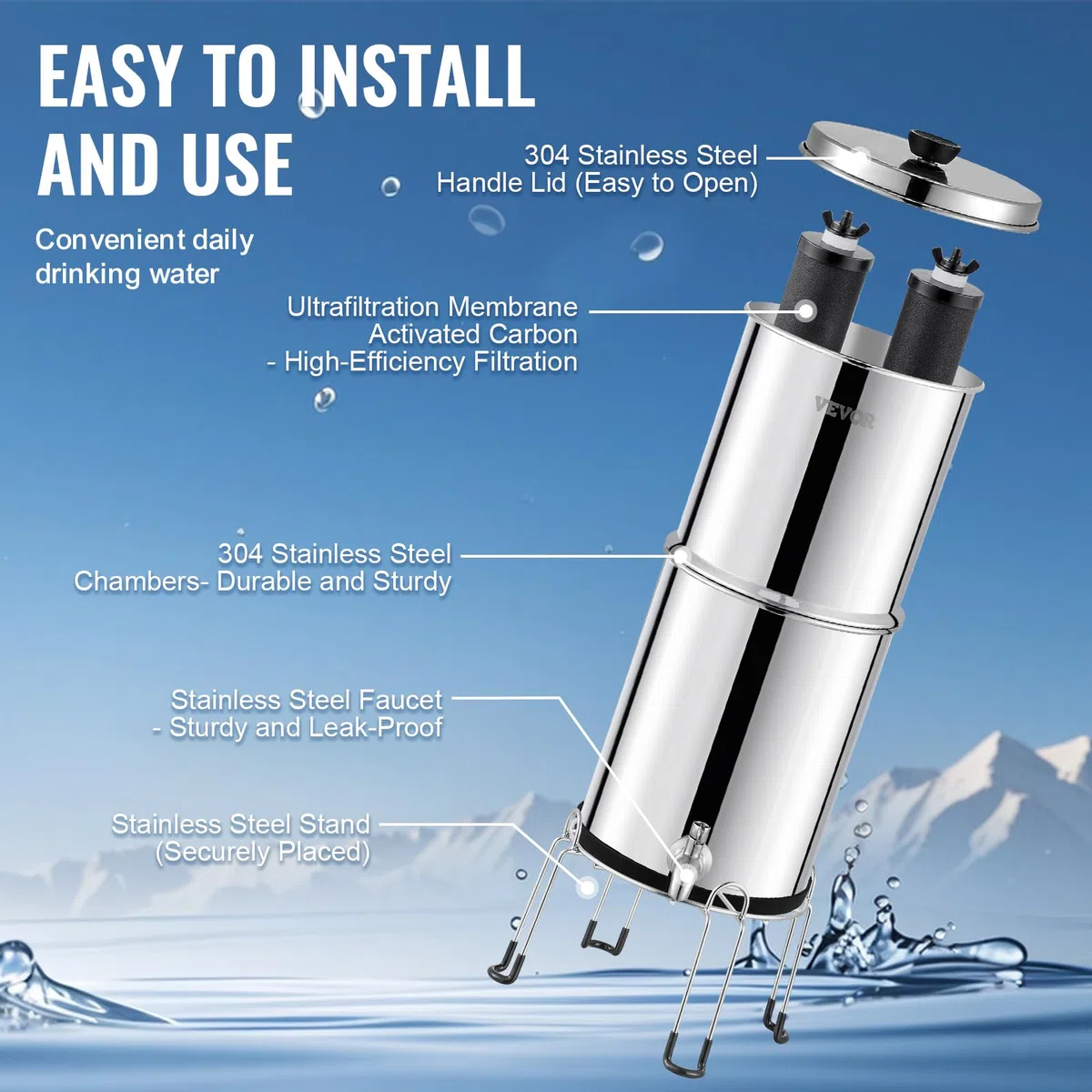 VEVOR Sistema de Filtración de Agua por Gravedad 8,5 L Acero Inoxidable 304 Filtro de Agua por Gravedad Reducción de Plomo y hasta 99% de Cloro con 2 Filtros de Agua, Grifo y Soporte para Hogar