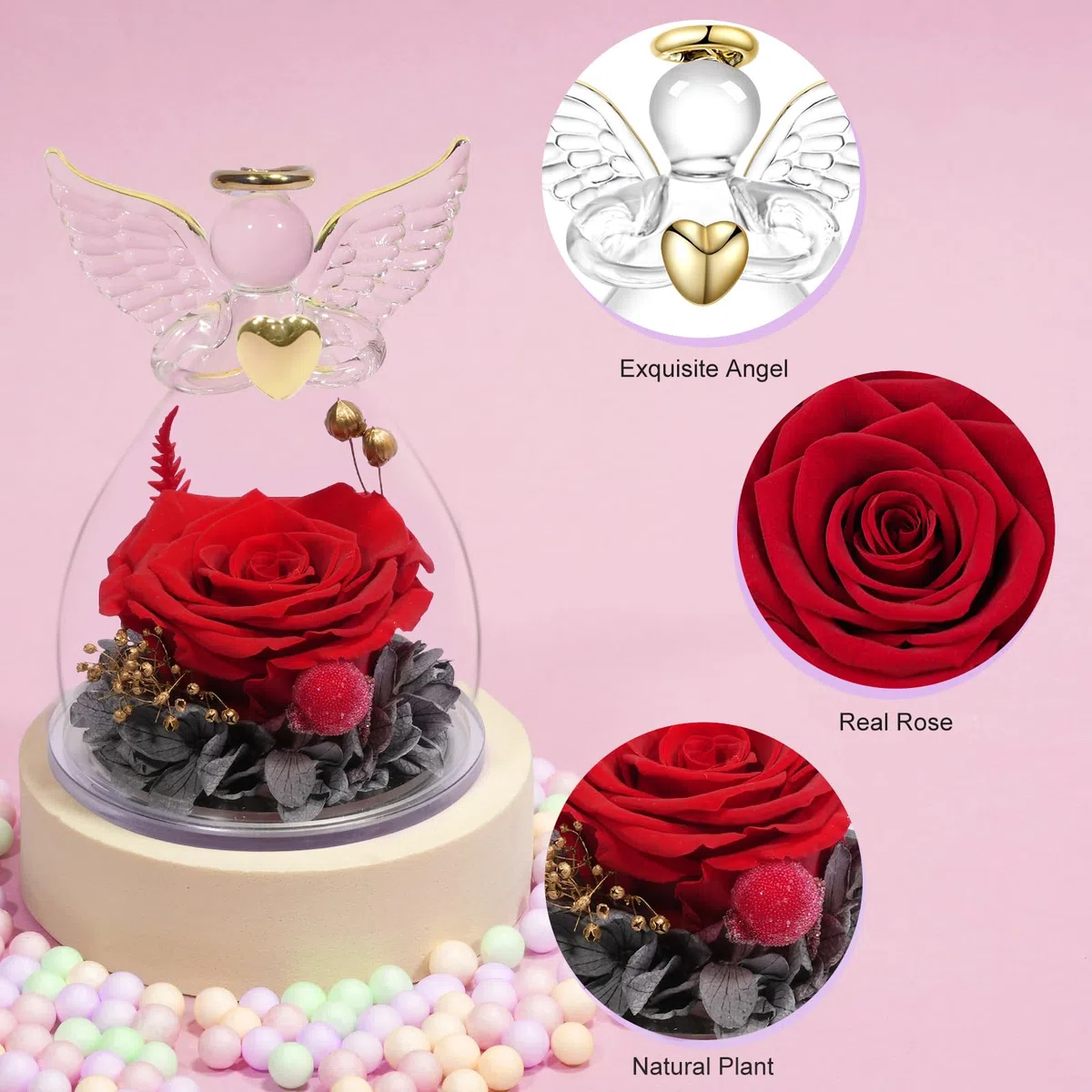 Yamonic Rosa Eterna Regalo Mujer,Rosa Eterna Natural Preservada con Figura Ángel Regalo para Mama, Flores Preservadas Regalos Cumpleaños Mujer Abuela,Regalos Originales Navidad Dia de la Madre