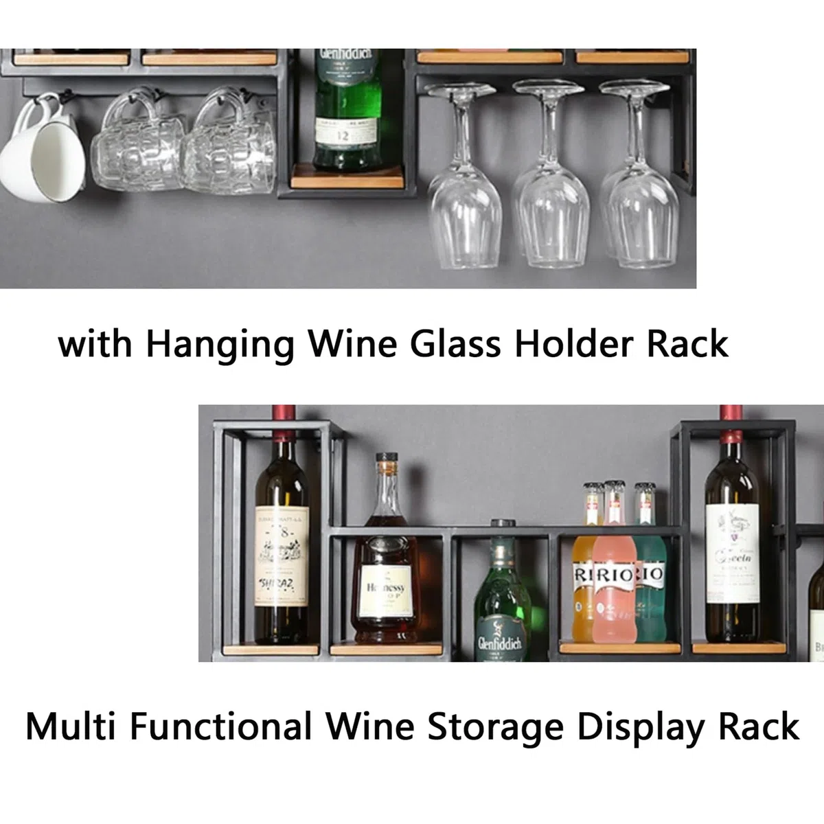 Estantería de Botellas de Vino, Botellero de Hierro de Estilo Industrial, Enfriador de Vino Montado En La Pared con Botelleros Botellero de Almacenamiento Multifuncional