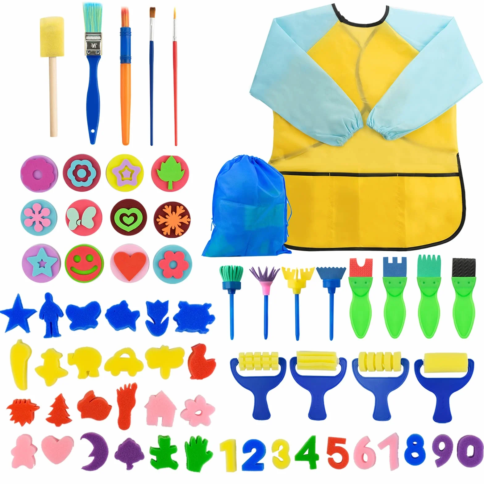 65 Piezas Niños Temprano Aprendizaje Esponja Pintura Cepillos Kit, para Niños Pintura DIY Artesanías, Incluye Pinceles de Esponja, Craft Pinceles y Delantal Impermeable con 3 Bolsillos