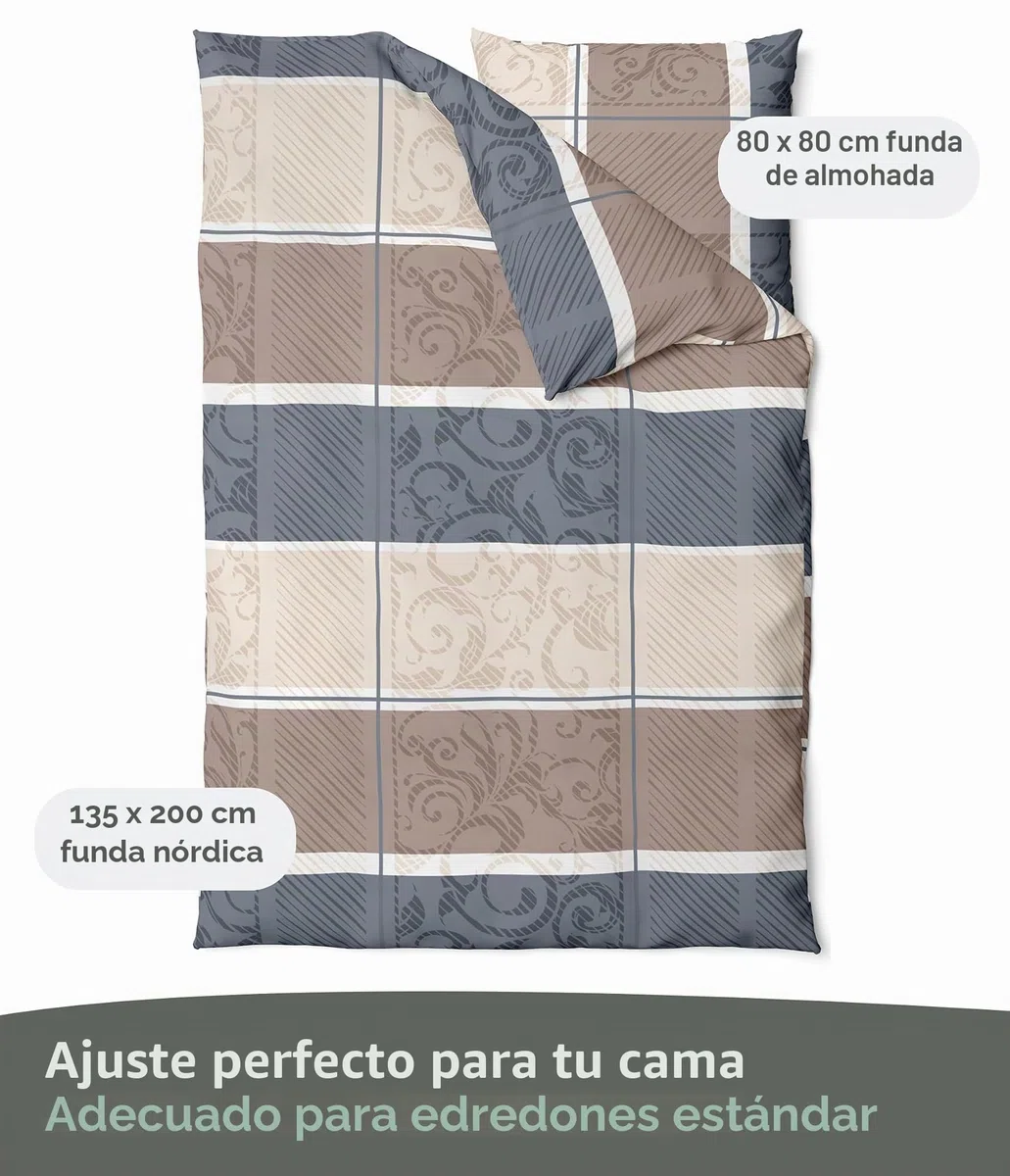 LINKHOFF Ropa de cama de franela de 135 x 200 cm, 2 piezas, color beige topo, 100 % algodón, funda de almohada de 80 x 80 cm + funda nórdica de 135 x 200 cm