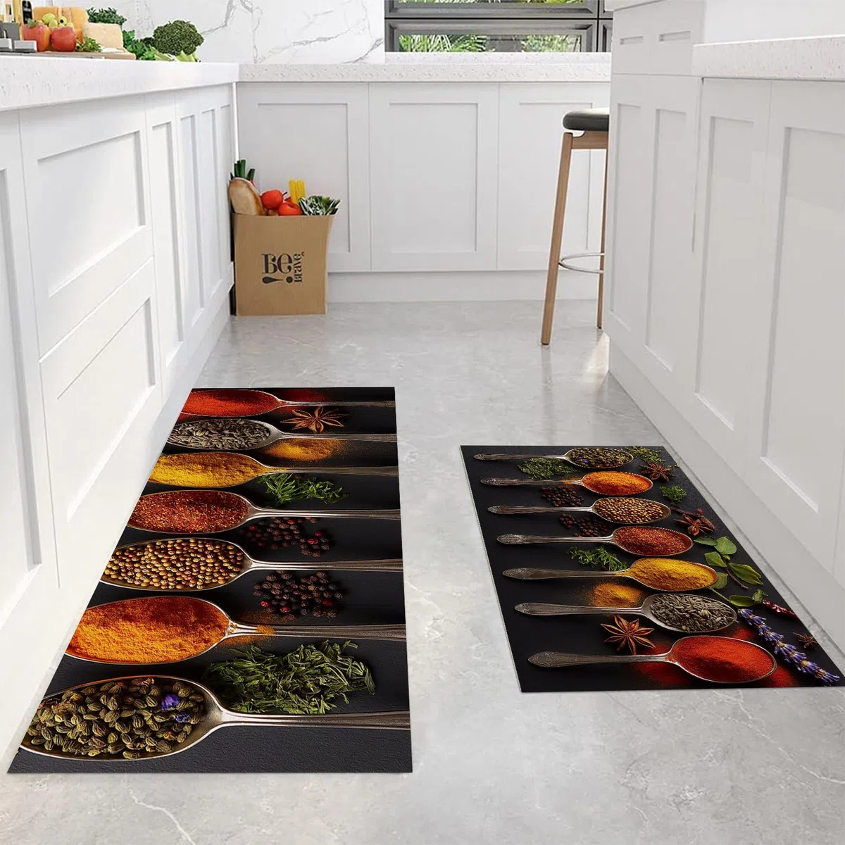 2 Piezas Alfombras Cocina, Ingredientes Y Especias Lavable Antideslizante Alfombrilla Respaldo, Moderno Corredor Alfombrillas Cocina para Pasillo, Comedor Y Entrada 43X75Cm+43X150Cm