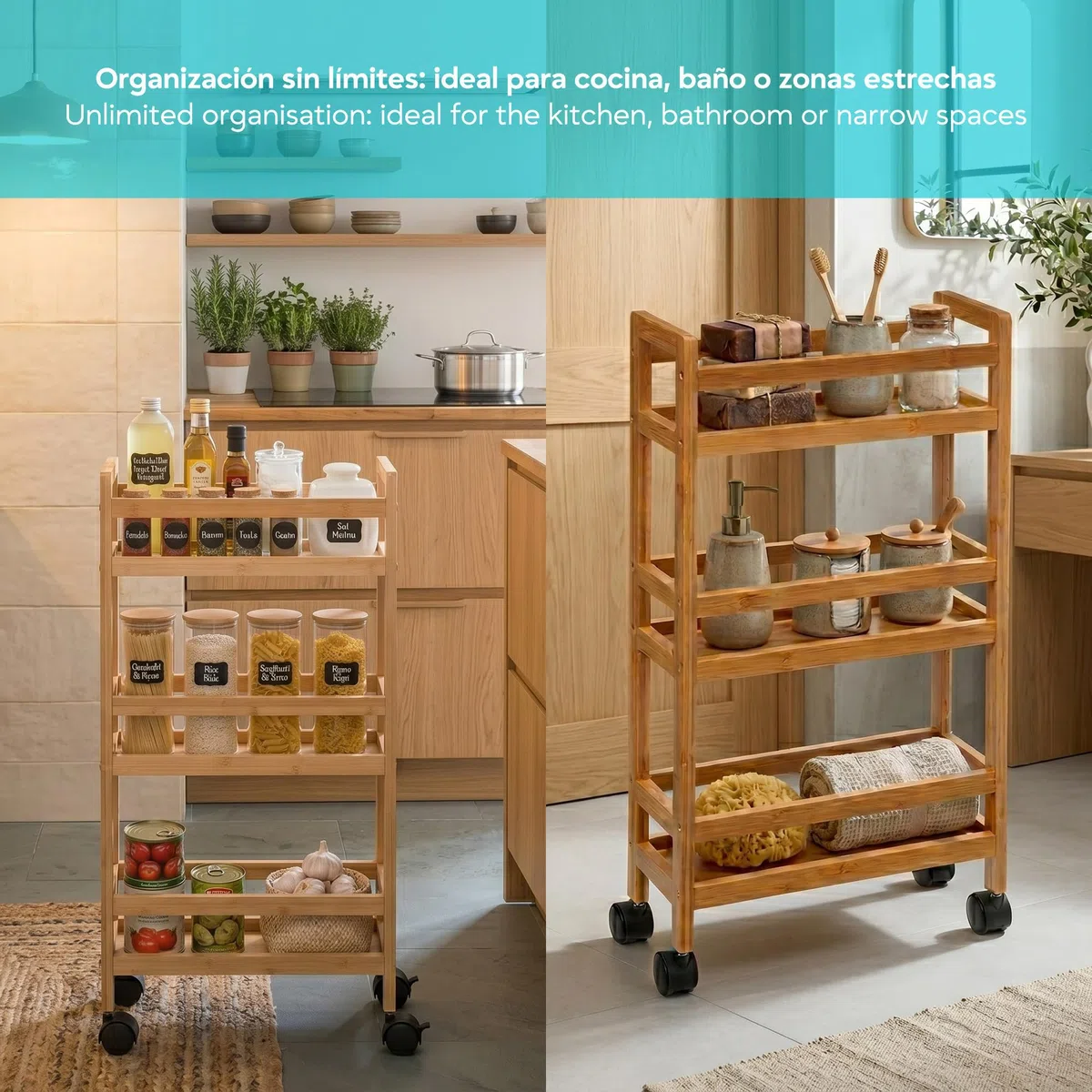 Carrito Auxiliar con Ruedas de 3 Niveles, Carrito Cocina Bambú, Carrito Estrecho de Almacenamiento, Ahorra Espacio, para Baño, Cocina, Oficina, 74,5 x 36 x 15 cm