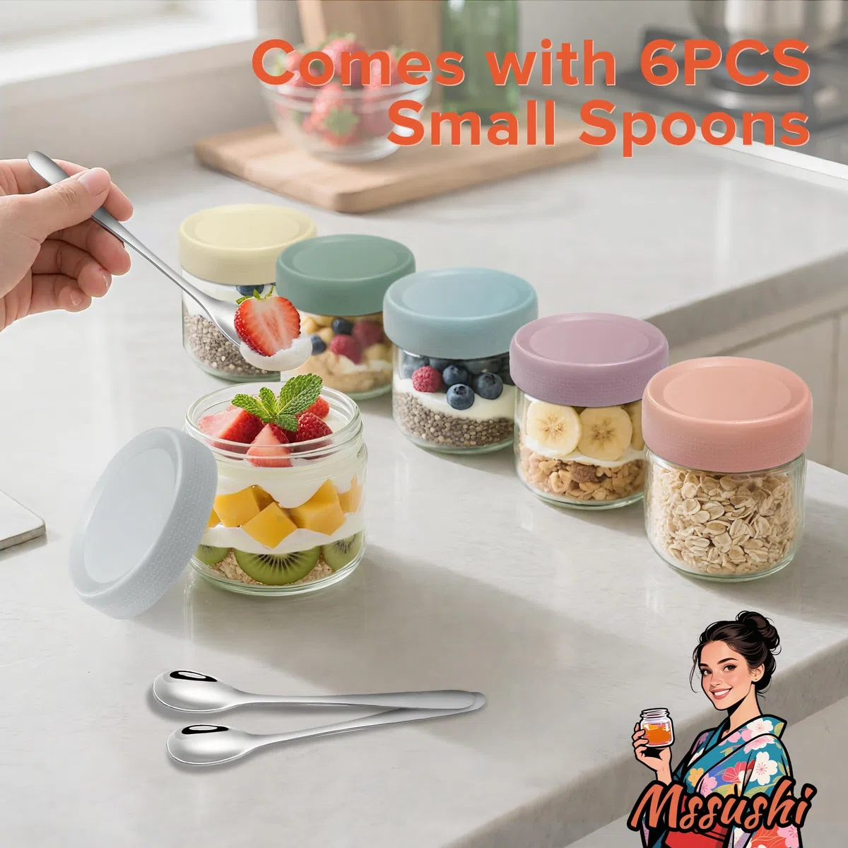 Mssushi 6 Piezas Tarros de Cristal,350ml Tarros de Avena con Tapa Hermética de Rosca,Vasos yogurtera,reutilizables para yogur,gachas,Avena Durante La Noche,Ensalada,cereales,6 cucharas