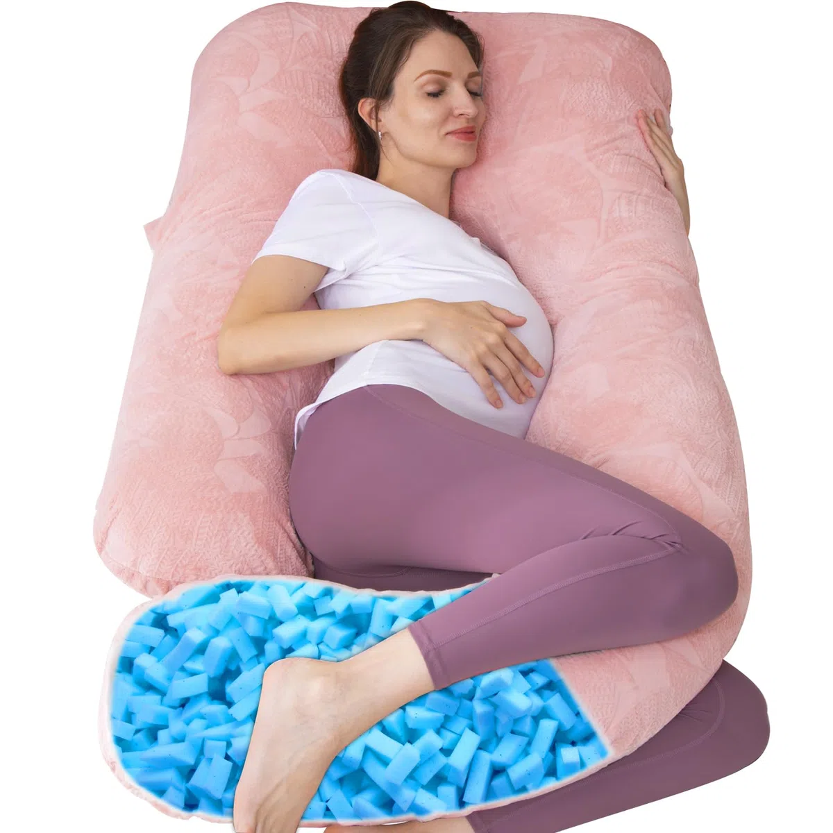 Almohada de maternidad de espuma viscoelástica triturada para dormir, almohada de maternidad para mujeres embarazadas, soporte abdominal, cuerpo entero en forma de U (espuma viscoelástica