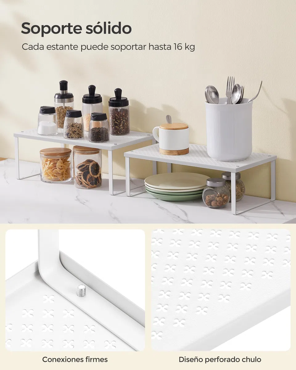 SONGMICS Especiero, Estante para Especias, Organizador para Armarios, para Mostradores, Elevador de Estantes, Apilable, Ampliable, Juego de 2 Estantes Metálicos para Cocina, Blanco KCS401W01