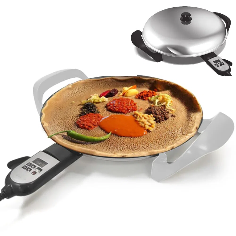 Pliddle Eléctrico De 40 Cm para Injera Etíope, Fabricantes De Crepes Antiadherentes Y Chapati & Skyet and Panqueke Fabricante De Panqueques, Control De Calor Digital Ajustable, Incluso Distribución