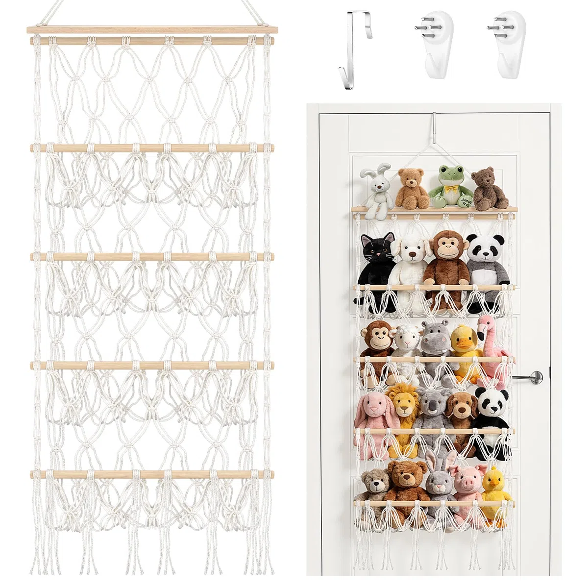 Meetory Red de almacenamiento de 42 cm, 4 pisos, estilo bohemio, macramé, red de peluche, almacenamiento con ganchos para habitación infantil, dormitorio, salón