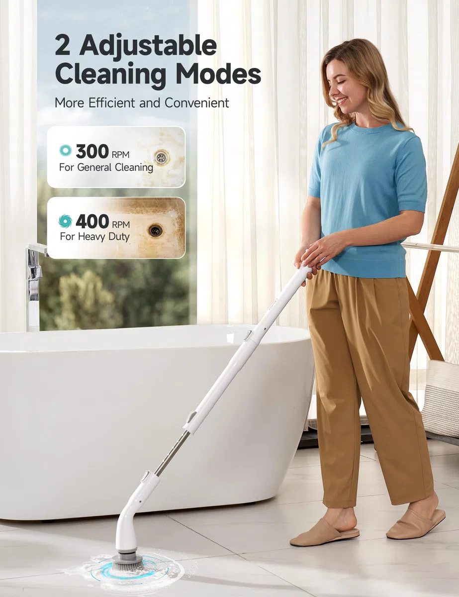 HiCOZY Cepillo Limpieza Eléctrico HS1, Fregona Eléctrica con 4 Cabezales de Cepillo Reemplazables Mango Extensible Ajustable y Batería Recargable para Baño, Suelo, Azulejos, Cocina, Gris Oscuro