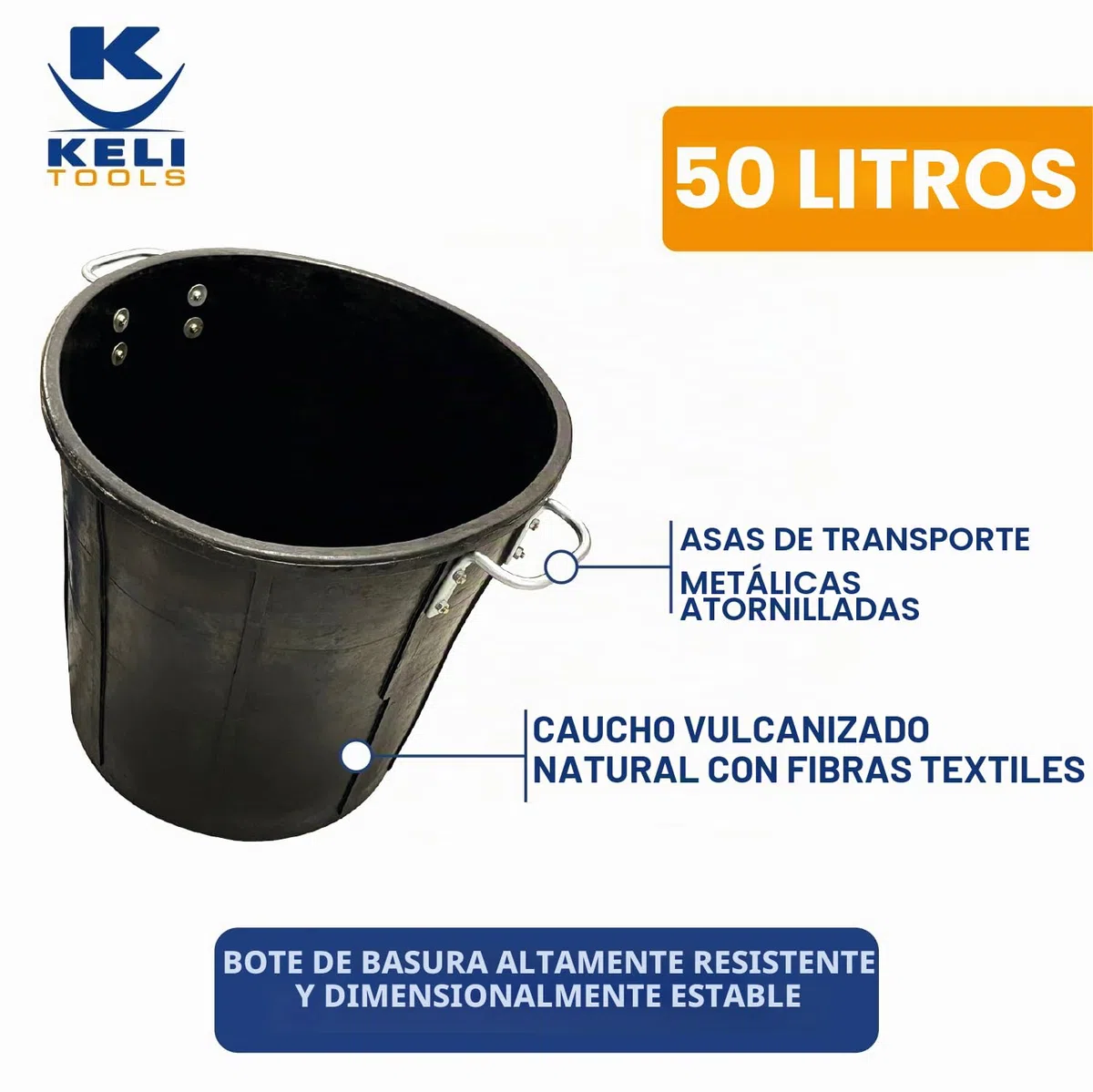 Keli – Cubo de basura 50 L de goma vulcanizada natural: asa de transporte – Calidad profesional – Uso múltiple