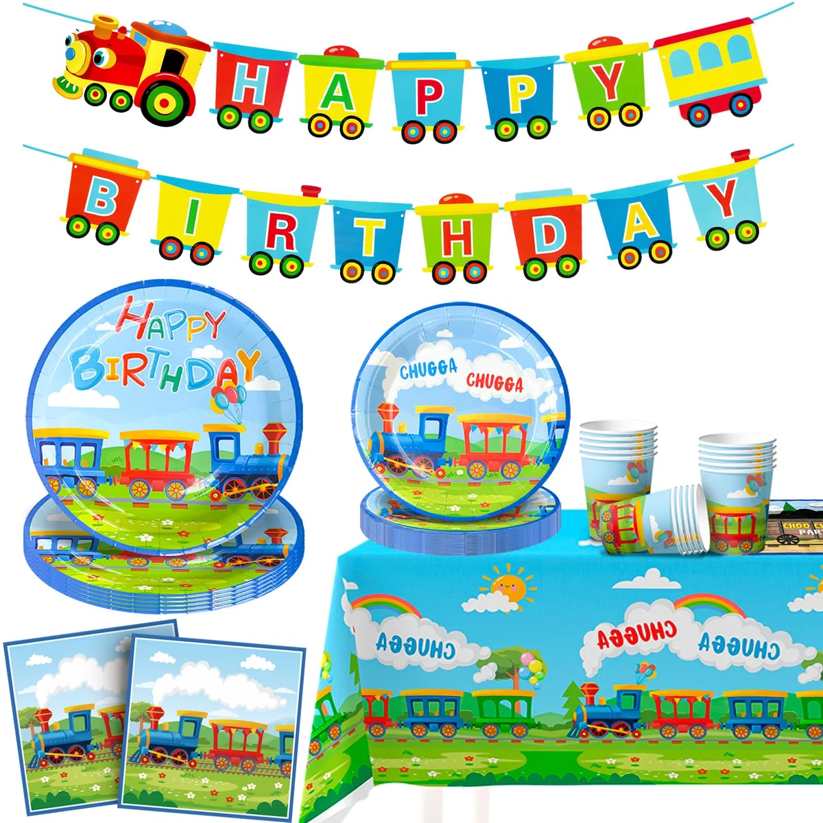 Juego de vajilla para fiesta de cumpleaños, 16 invitados, vajilla de fiesta infantil, cumpleaños, tren o cumpleaños, servilletas, vasos de fiesta, mantel de tren, pancartas, etc. Decoración de