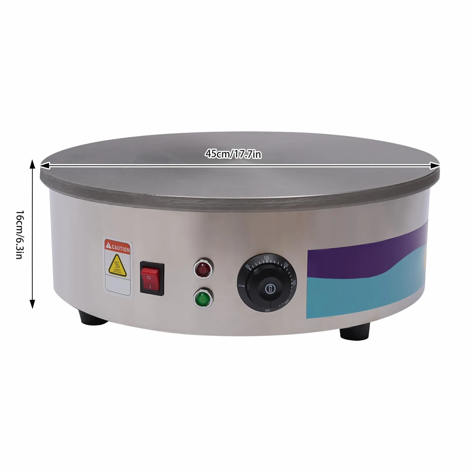 Máquina para crepes, 3000 W, crepera eléctrica de hierro fundido, gran placa calefactora Ø45 cm, temperatura ajustable, con dispersión y espátula para hornear panqueques, tocino, huevos, panqueques