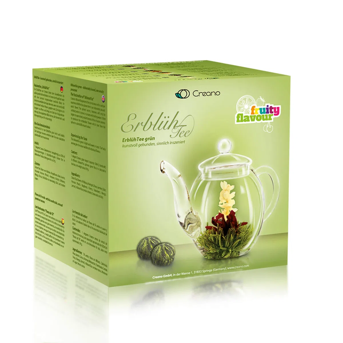 Creano Flores de Té Verde 6 uds en Caja Corazón con Tetera de Vidrio 500ml Antigoteo – 6 Variedades – Regalo Romántico para Ella
