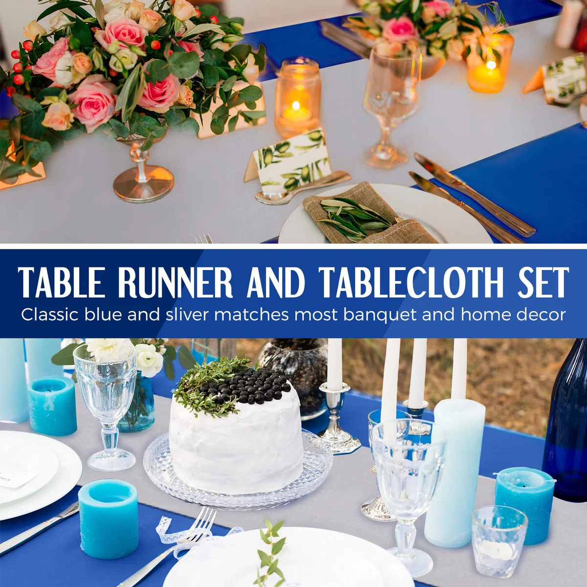 Tudomro 16 manteles desechables de plástico rectangular de 54 x 108 pulgadas con camino de mesa de satén de 12 x 108 pulgadas para decoración de bodas, fiestas de cumpleaños (plateado y azul oscuro)