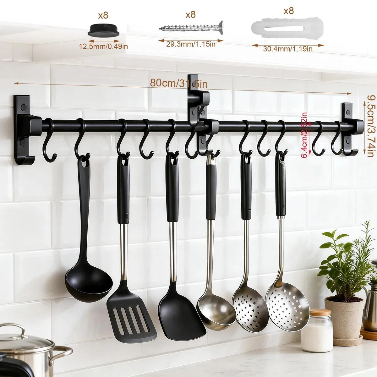 Ganchos Barra Accesorios Cocinas 80 cm, Colgador Utensilios Cocina con 12 Ganchos Extraíbles, Aluminio Barra Colgante de Cocina, Negro, para Colgar Tablas de Cortar, Cucharas, Tijeras