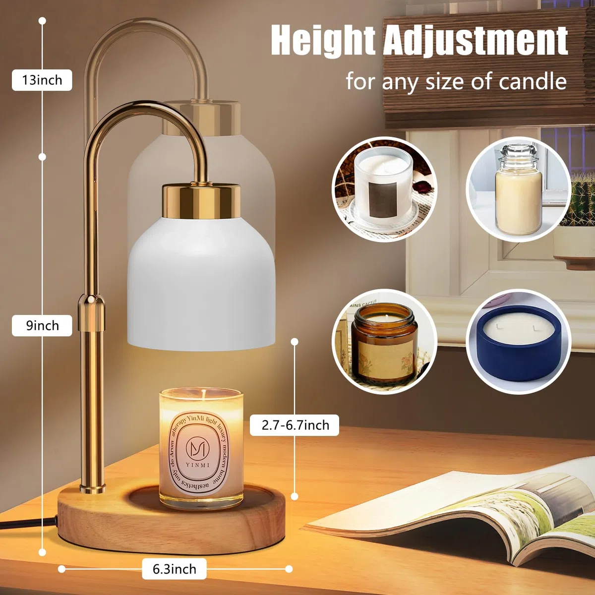 Calentador de Velas con Temporizador y Regulador, Lámpara Calentadora de Velas, Candle Warmer Lamp – Altura Ajustable, 4 Niveles de Luz (Regalo para Él/Ella)