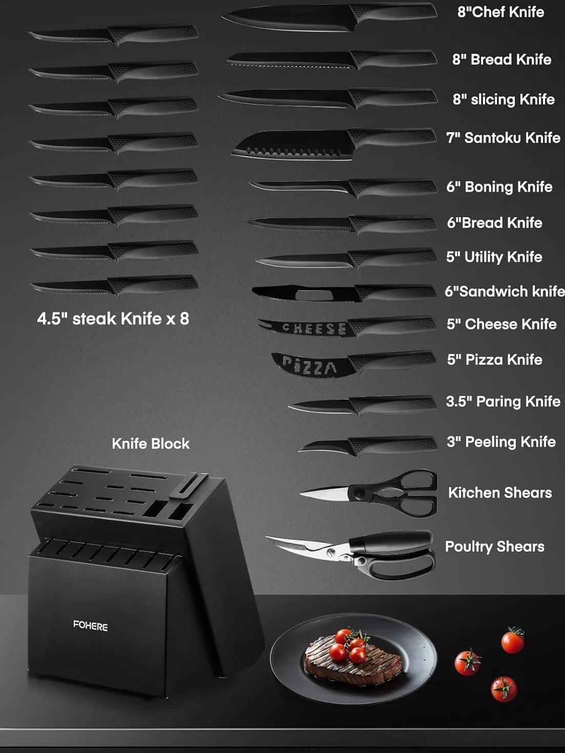 Juego de Cuchillos de Cocina con Bloque FOHERE 23 Piezas Bloque de cuchillos con Afilador Integrado, Cuchillos Cocina con Cuchillo Deshuesador y Cuchillo para queso, Negro