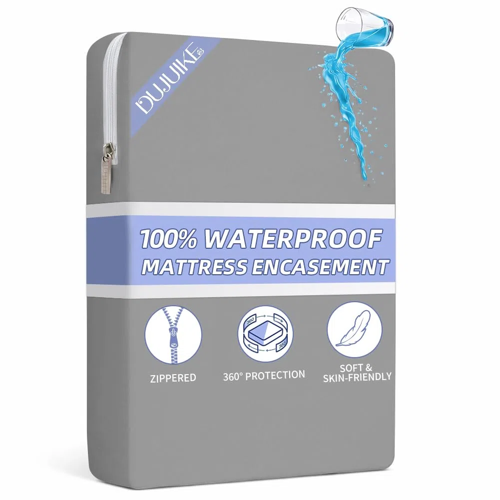 DUJUIKE Funda de colchón Impermeable, Protector de colchón con Cremallera, Impermeable, Suave, Resistente a chinches y ácaros del Polvo, hipoalergénico, Lavable a máquina (Gris, 90 x 190 x 30 cm)