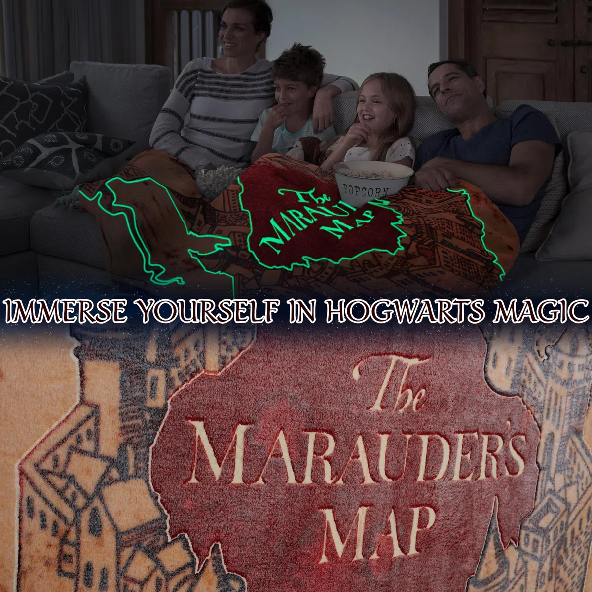 Harry Potter Manta Que Brilla en la Oscuridad 130x150cm con Mapa del Merodeador, Se Ilumina Tras 10–30 Minutos de Luz, Manta para Cama y Sofá, Hogwarts Regalos Originales