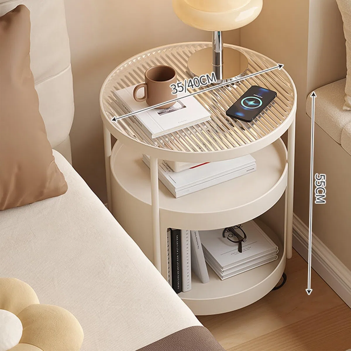 Mesita de Noche Carro de mesita Noche con Cuatro Ruedas, Estructura metálica, Tapa Vidrio for Almacenamiento en Dormitorio Mesas auxiliares(Negro,Pequeño)