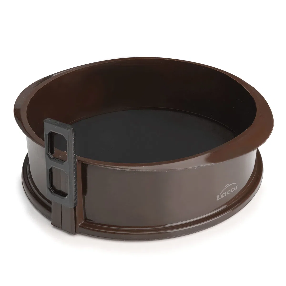 LACOR 66775 Molde Desmontable Redondo de Silicona, Molde de reposteria, Silicona alimentaria antiadherente, Cierre seguro, Ideal para Pasteles y Tartas, Base de cristal, Marrón, 25 x 8 x 10 cm