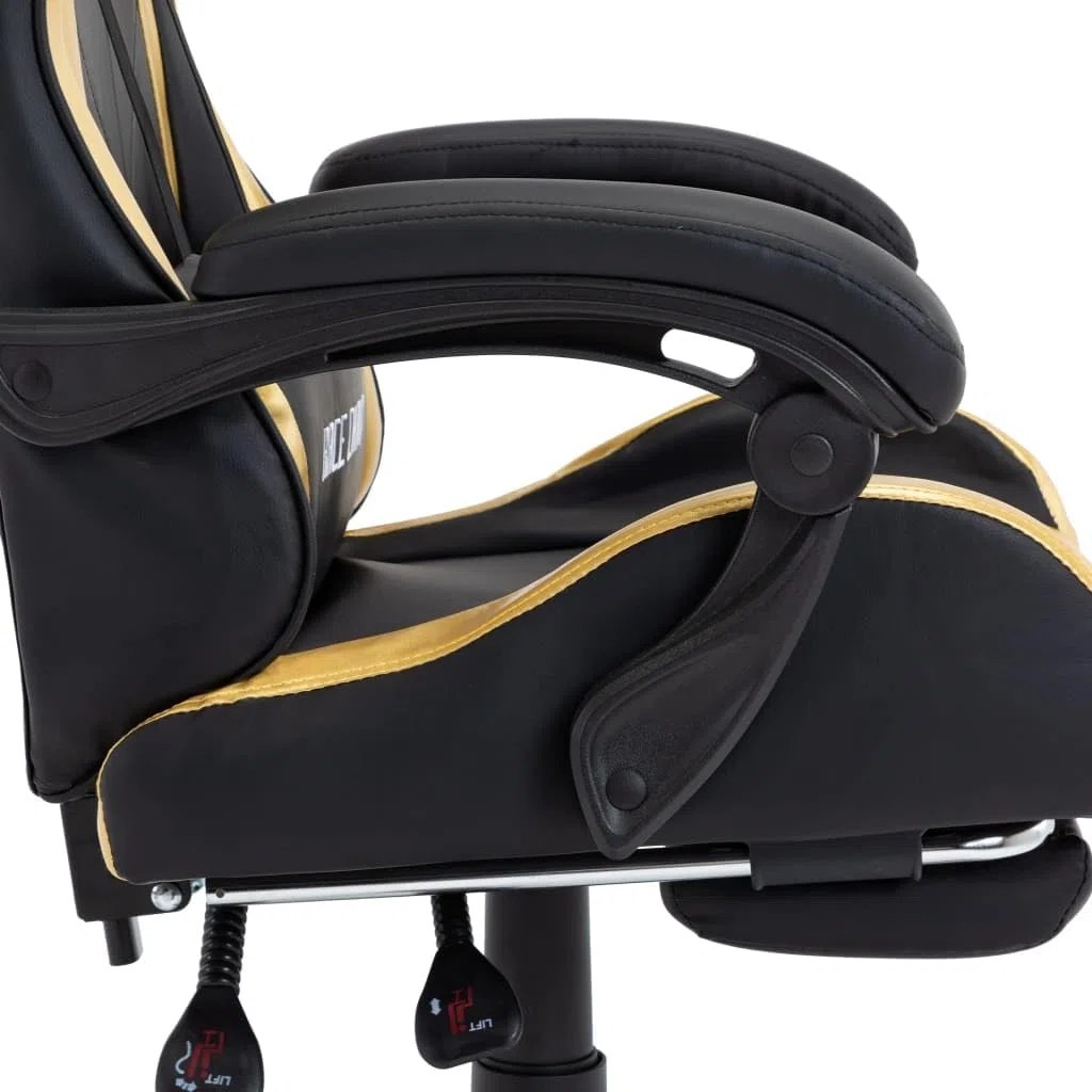 Silla de gaming con reposapiés, color dorado y negro, piel sintética, altura regulable, ergonómica, giratoria con soporte para la cabeza y lumbar, para trabajar cómodamente y jugar en la
