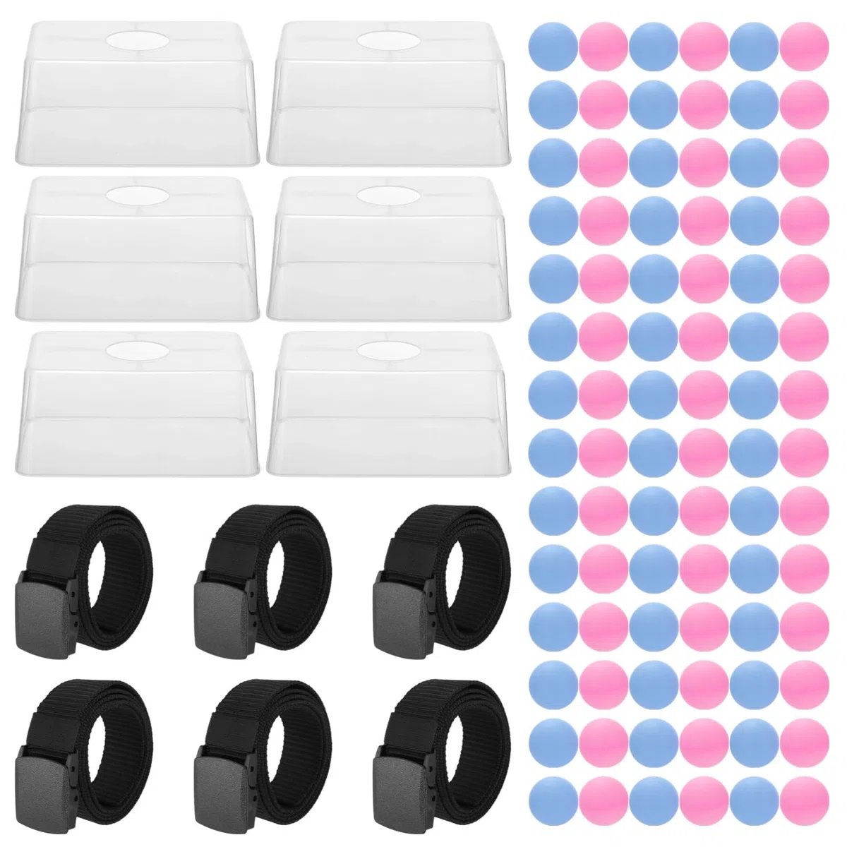 Juego de 6 juegos de pelota de rebote, desafío de rebote de cadera agitada, cajas transparentes, cinturones ajustables, 100 bolas rosas y azules, juego de fiesta interactivo para despedida de