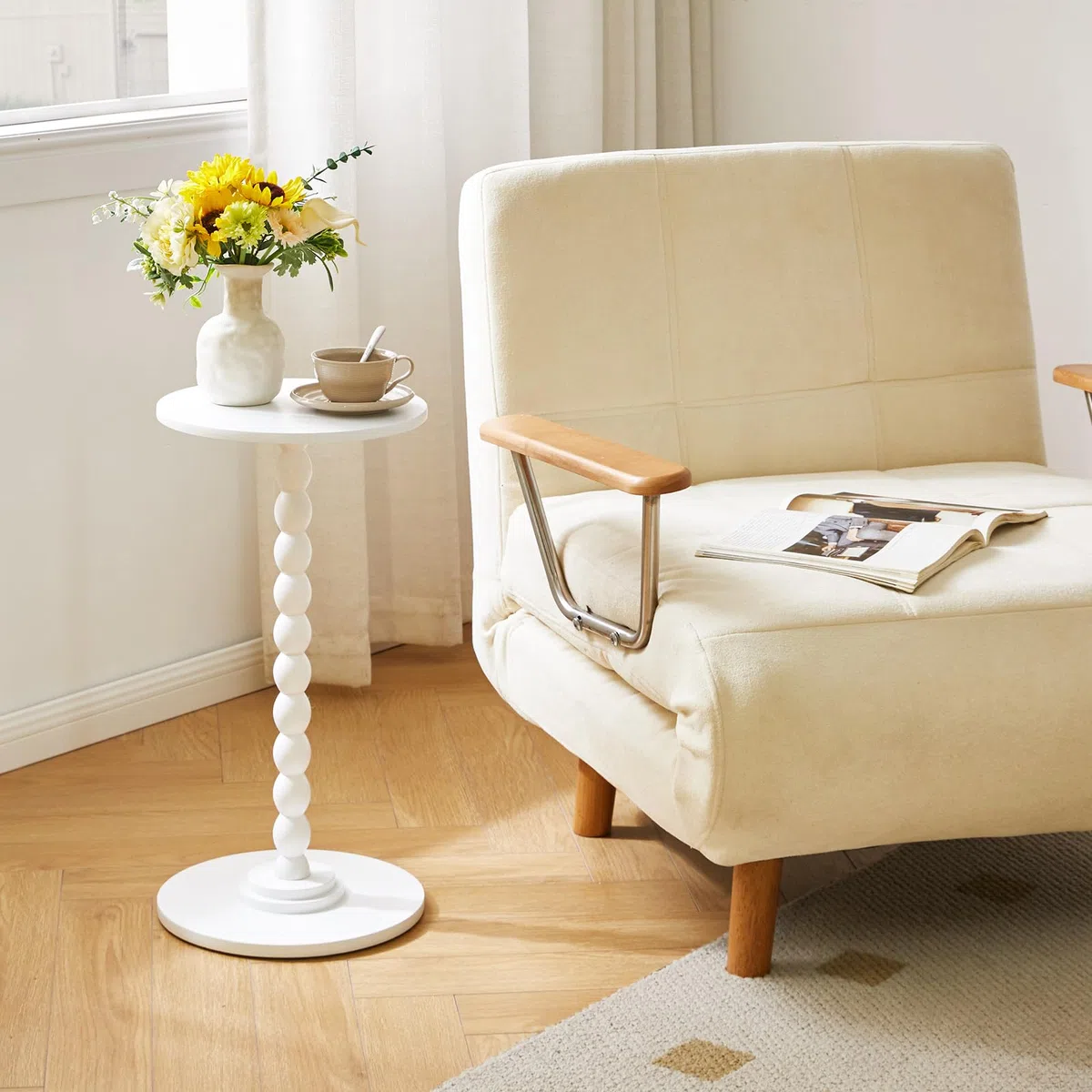 Aibiju Mesa Auxiliar Estrecha, Mesita de Noche Moderna, Redonda, Pequeña, con Patas de Madera Maciza para Sala de Estar, Dormitorio y Espacios Pequeños, Color Blanco YD-RST001W