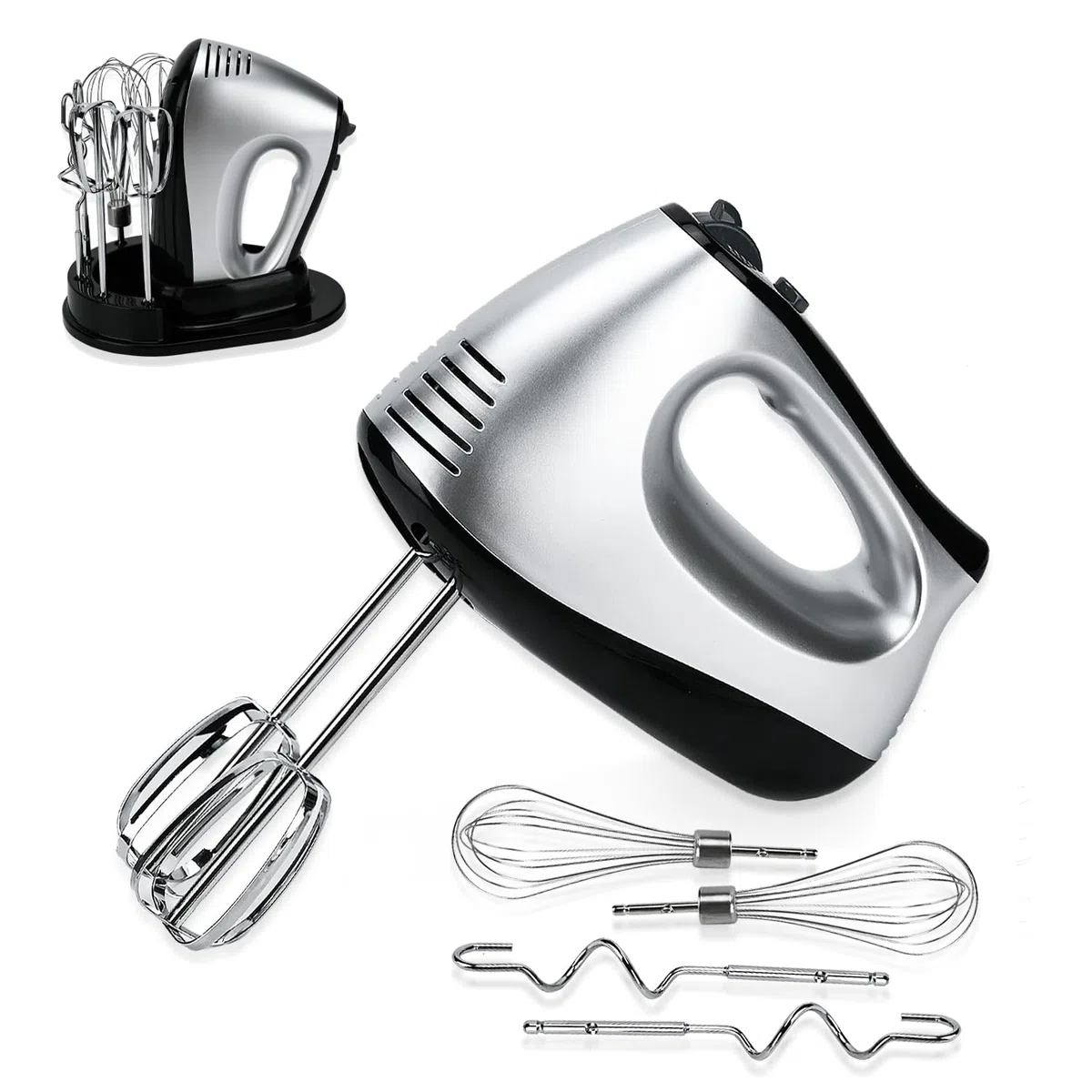 Lychee batidor eléctrico de mano antisalpicaduras, 5 velocidades con botón turbo, base de almacenamiento, 6 accesorios de acero inoxidable, para hornear y cocina, 300 W