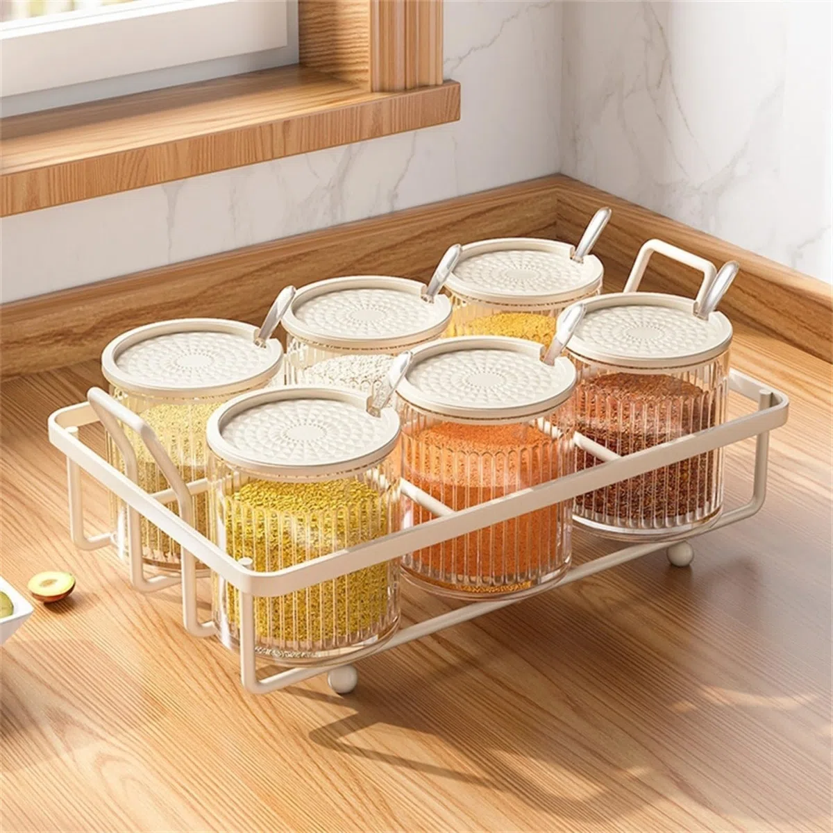 Recipiente de especias para encimera de cocina con tapas y cucharas, tarro de metal y plástico transparente para almacenar sal, pimienta y varios condimentos (6 botellas)