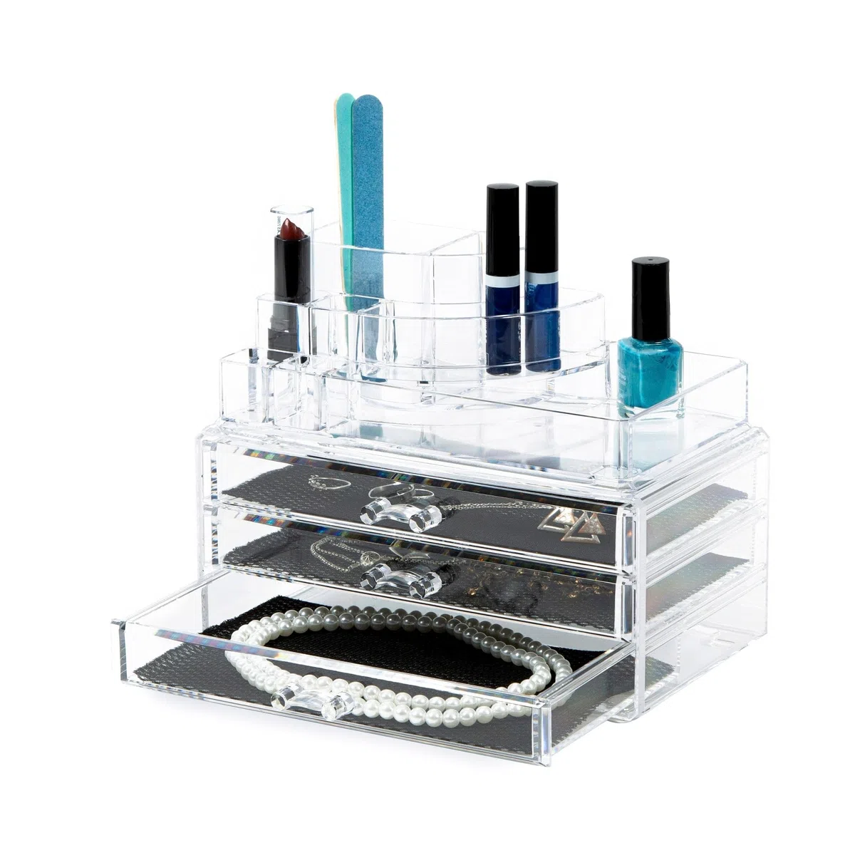 Compactor Organizador de cosméticos y joyería con 3 cajones y múltiples Compartimentos, Transparente, Fabricado en poliestireno, 24 x 15 x 18.7 cm, RAN5055