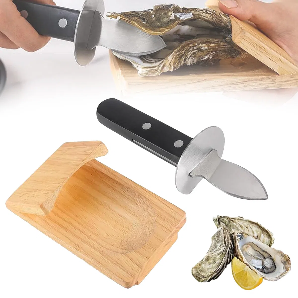 Oyster Shucking Clamp, Oyster Shucking Knife Kit, Wooden Oyster Shucking Block, Handguard Oyster Shucking Clamp Seafood Tools (2)