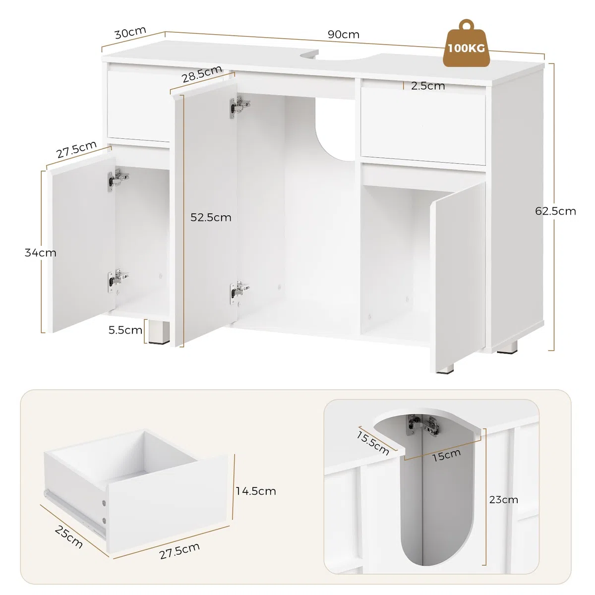 BEWISHOME Mueble Bajo Lavabo de Baño con Pies, Armario de Baño | 90 x 30 x 62.5 cm, Mueble Bajo Fregadero 2 Cajones, 3 Puertas, Gran Capacidad de Almacenamiento, Blanco, EYSG01W