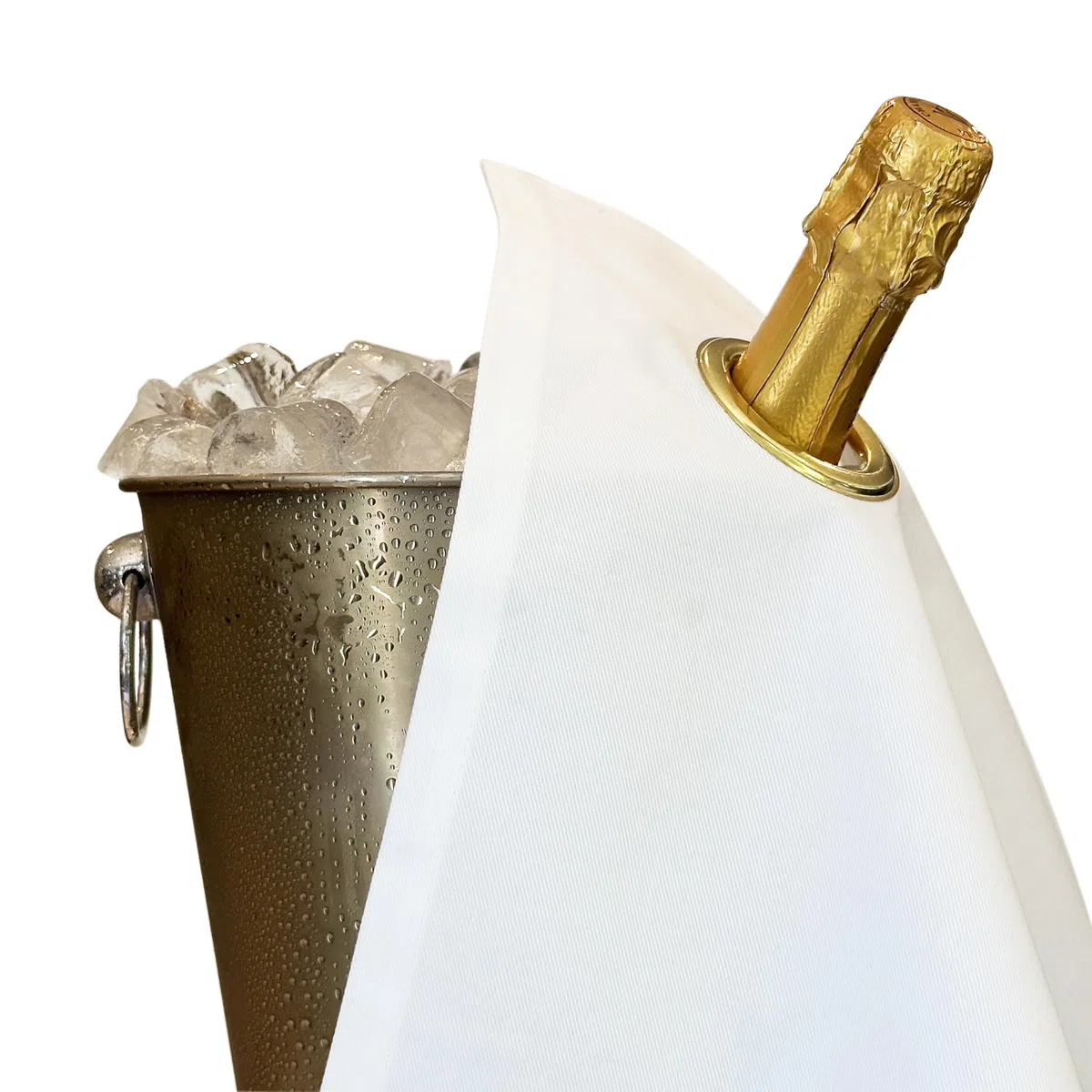 Classic Collection, paño para botellas con anillo de metal para cubitos de hielo, algodón, 42 cm, agujero de esquina (blanco con anillo dorado, paquete de 1)