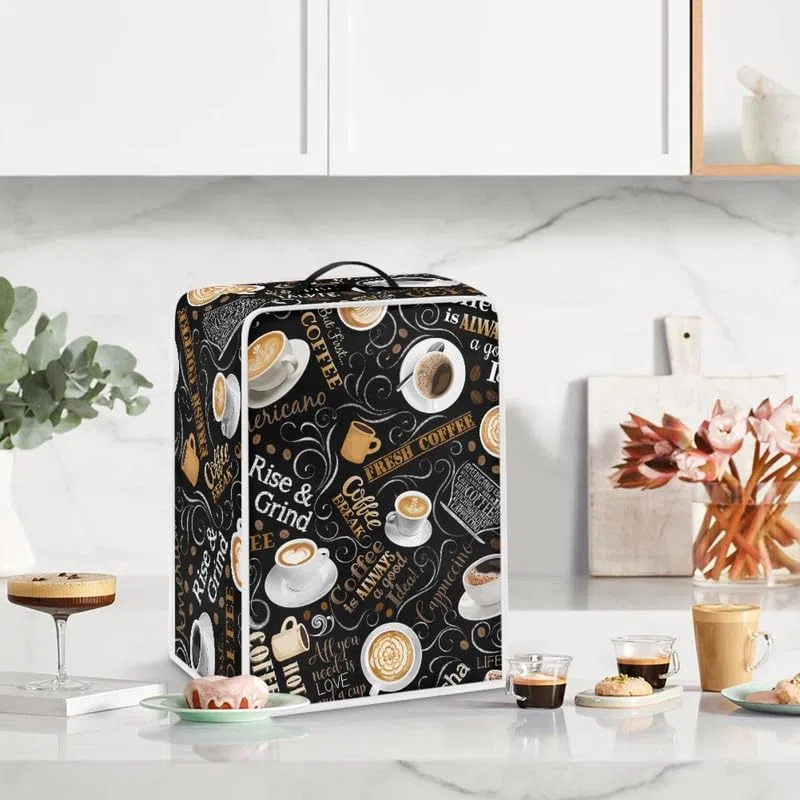 Funda para cafetera temática de café, color blanco, tamaño universal, color marrón, 2 tamaños para electrodomésticos y herramientas de oficina en casa