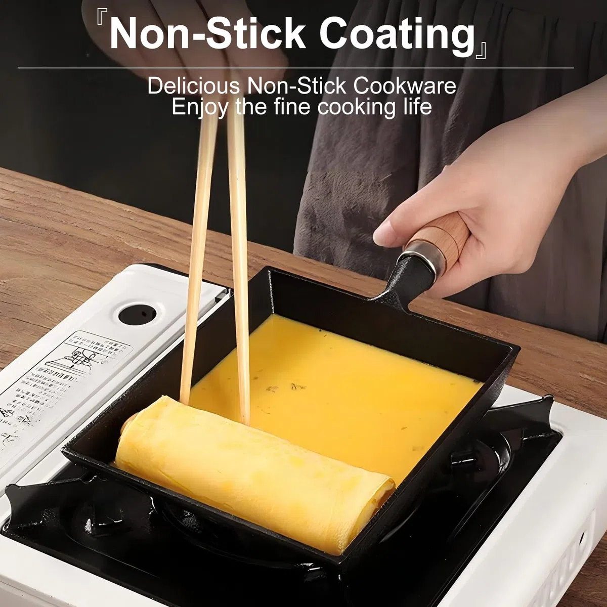 Tissting 15.5CM Sartén Plana para Desayuno, Sartén de Hierro Fundido con Mango de Madera, Sartén Rectangular para Tortilla Japonesa Tamagoyaki, Para Cocina de Inducción de Gas Universal
