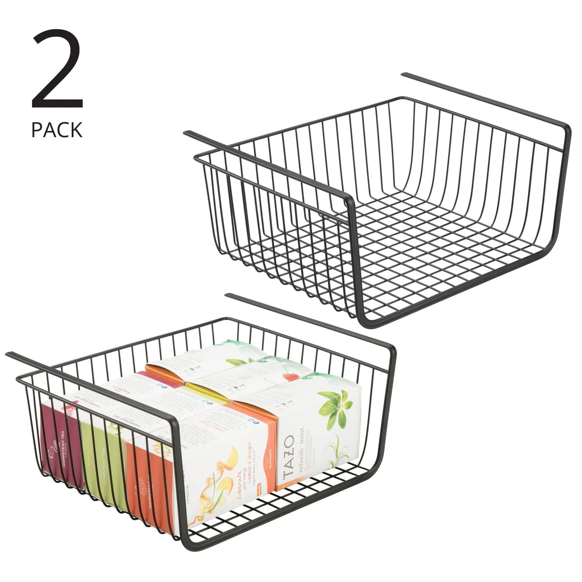 mDesign - Cesta colgante de metal (juego de 2) - Caja de almacenamiento grande para cocina y despensa - cesta de malla de alambre resistente para alimentos y utensilios de cocina - negro
