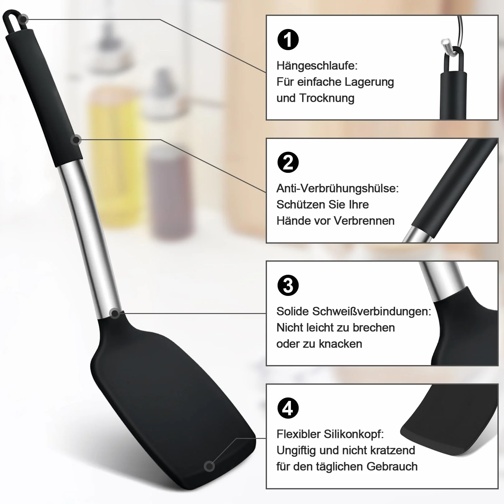 Onader Juego de utensilios de cocina, 7 unidades, de silicona, con mango de acero inoxidable, antiadherente, seguro para utensilios de cocina, resistentes al calor y aptos para lavavajillas, color