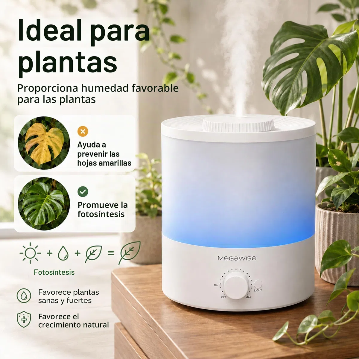 MEGAWISE - Humidificador, bruma fresca, ideales para dormitorios, cuartos de bebés, oficinas y plantas, difusor aceites esenciales, 1,5 l, salida ajustable, ultrasónico silencioso, 25 dB, hasta