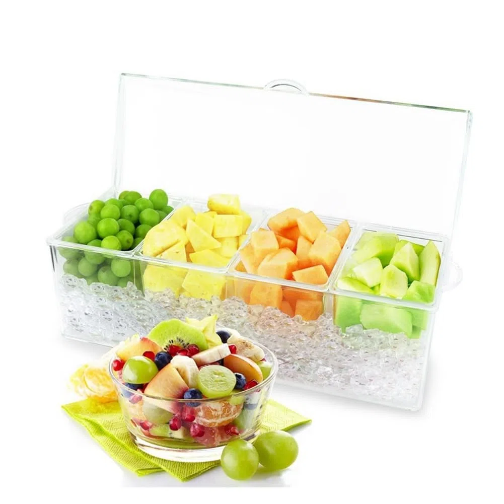 Servidor de condimentos refrigerado por hielo con 4 recipientes separados, incluye bandeja y tapas, perfecto para barbacoas, fiestas y cenas al aire libre, mantiene las salsas frescas y frías