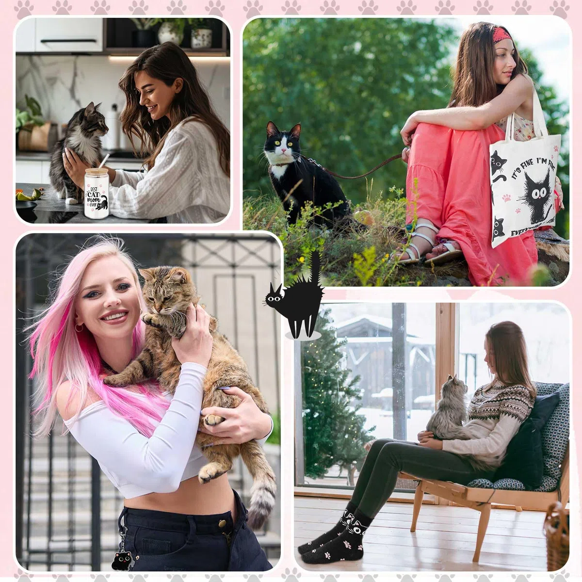 Paterr 4 regalos para amantes de los gatos para mujeres, regalo temático de gatos para cumpleaños con bolsa de lona de vidrio de 16 onzas con calcetines de pajita, bonito llavero