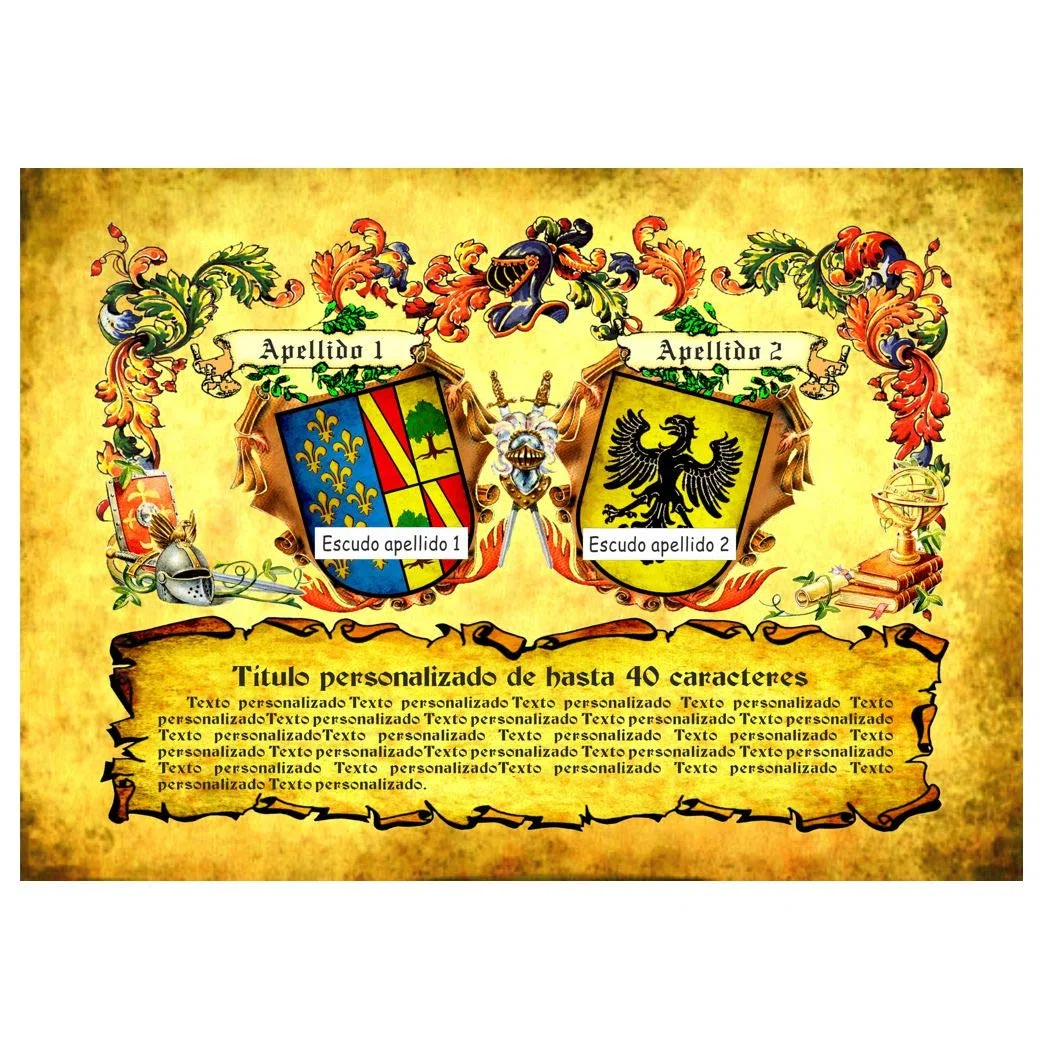 Heráldica de 2 apellidos y dedicatoria con texto personalizado por el cliente, impreso en papel fondo tipo pergamino en tamaño DIN A-3