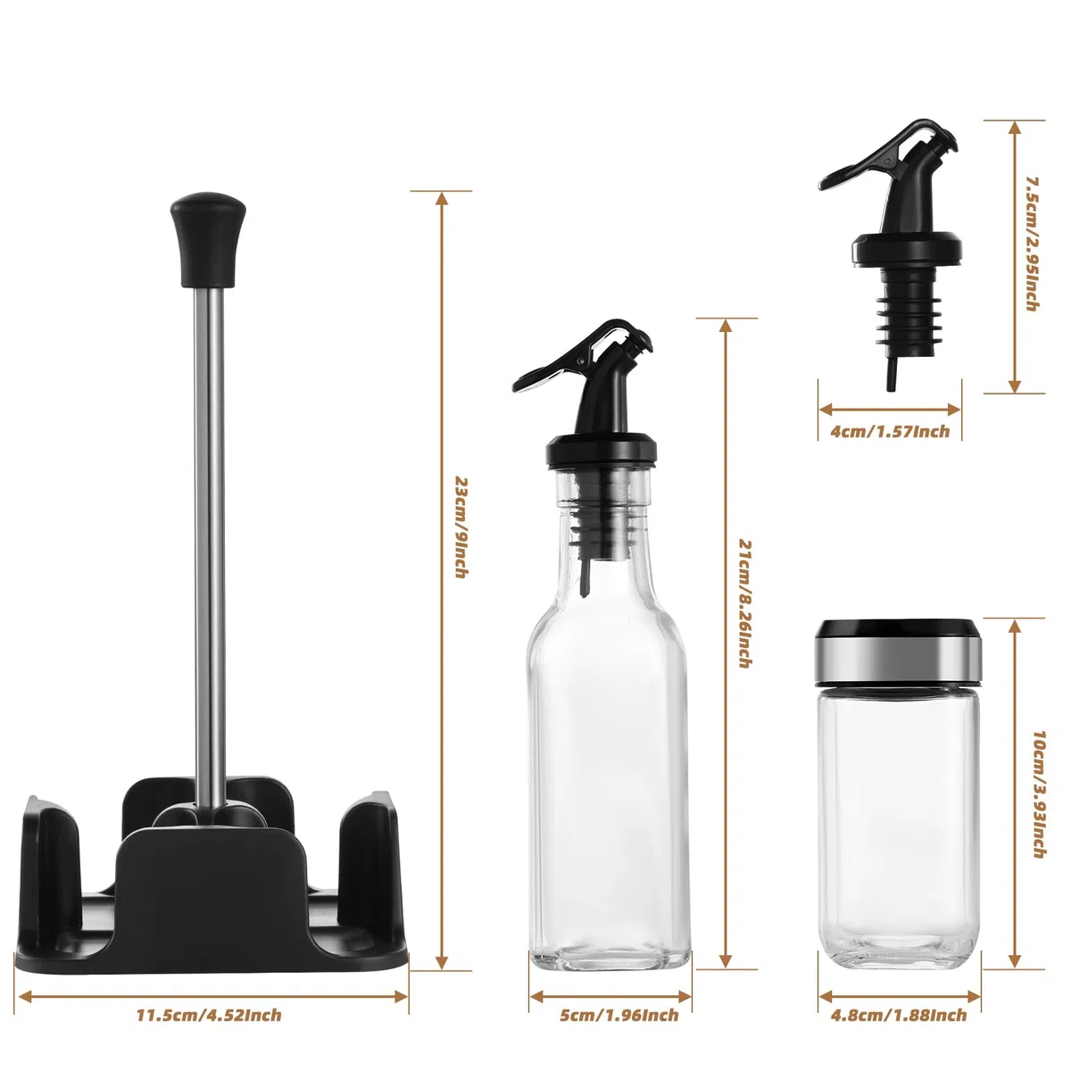 FRIBERG Set De Aceite Y Vinagre, Set De Sal Y Pimienta, Vinagreras Y Aceiteras De Mesa Con Soporte，2 Botellas De Aceitera Y Vinagre De 200 Ml, 2 Tarros De Condimento De 120 Ml Con Tapas